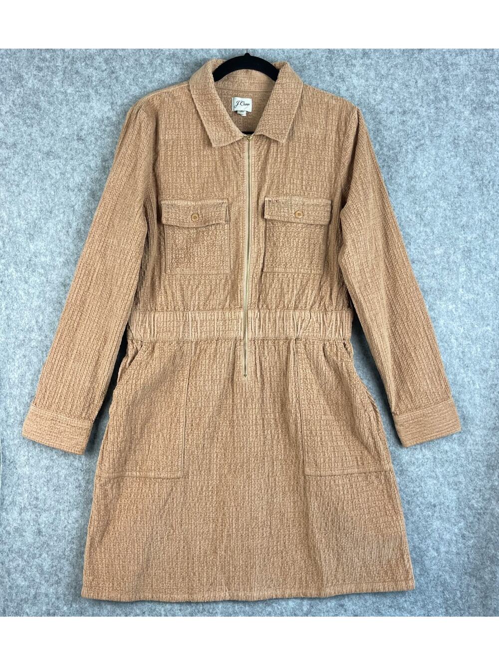 J Crew Corduroy Dress Womens 12 Beige Tan Zip Front Cinched Utility Preppy NWT
